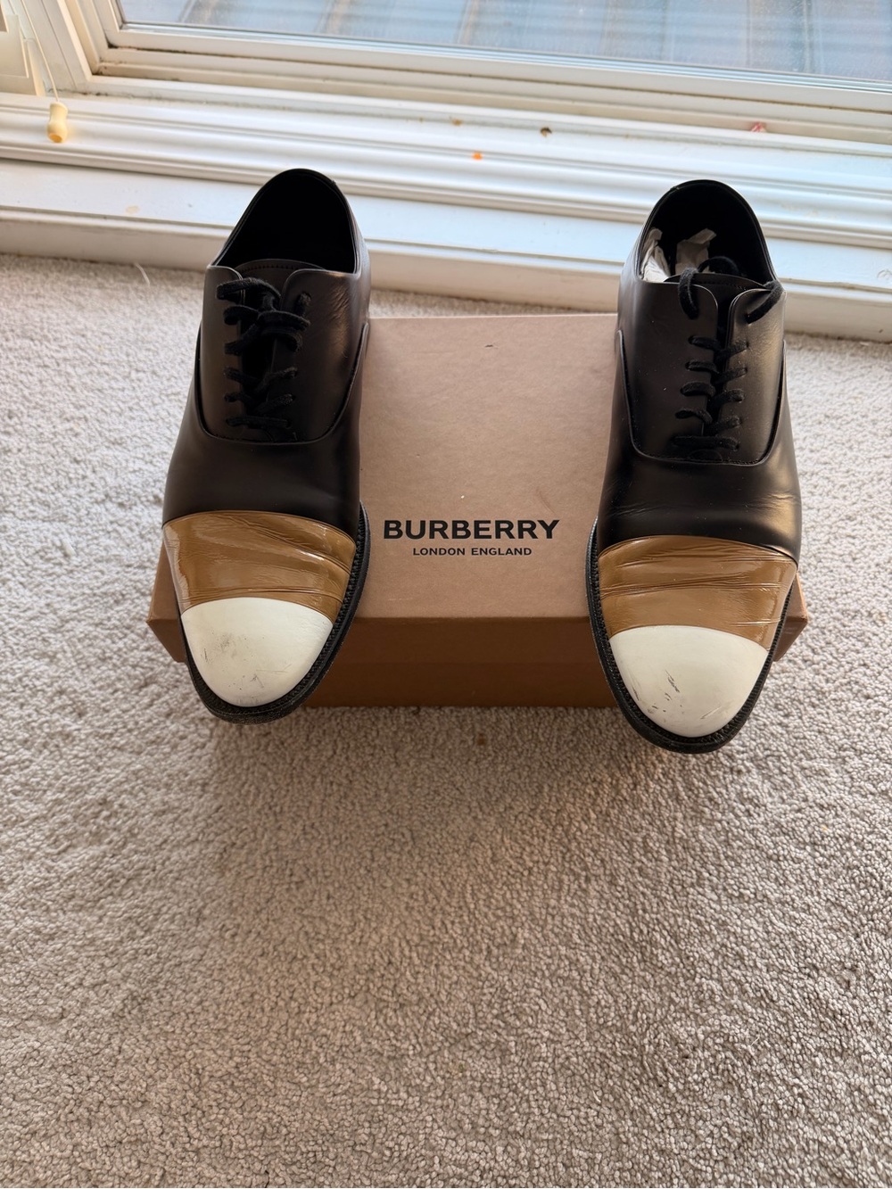 Burberry Black Leather Oxfords with Tan and White Cap-Toe